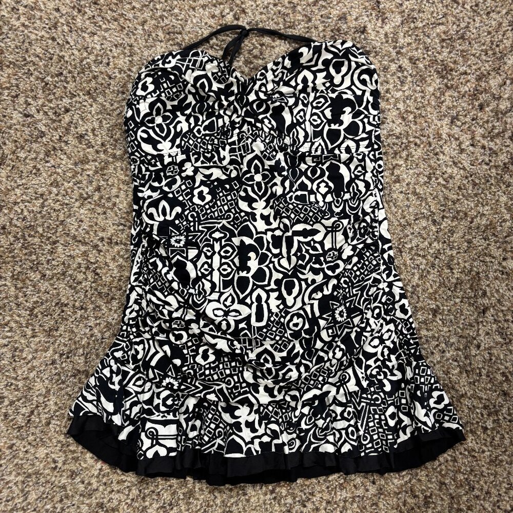 Apt9 Black & White Floral Ruffled Swim dress swimsuit Women's Size XL - 2193